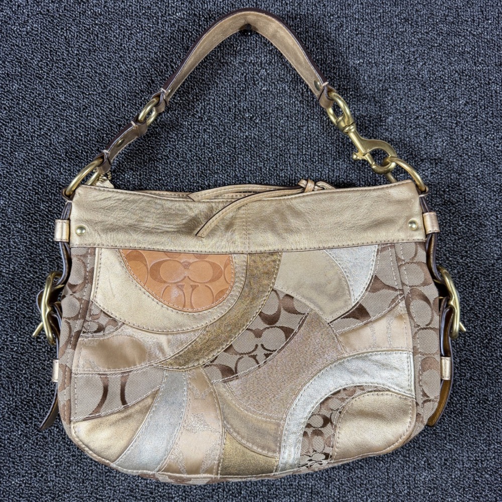 Vintage Coach Canvas Patchwork Hobo Bag Gold Metallic Hardware Leather Y2K 12663